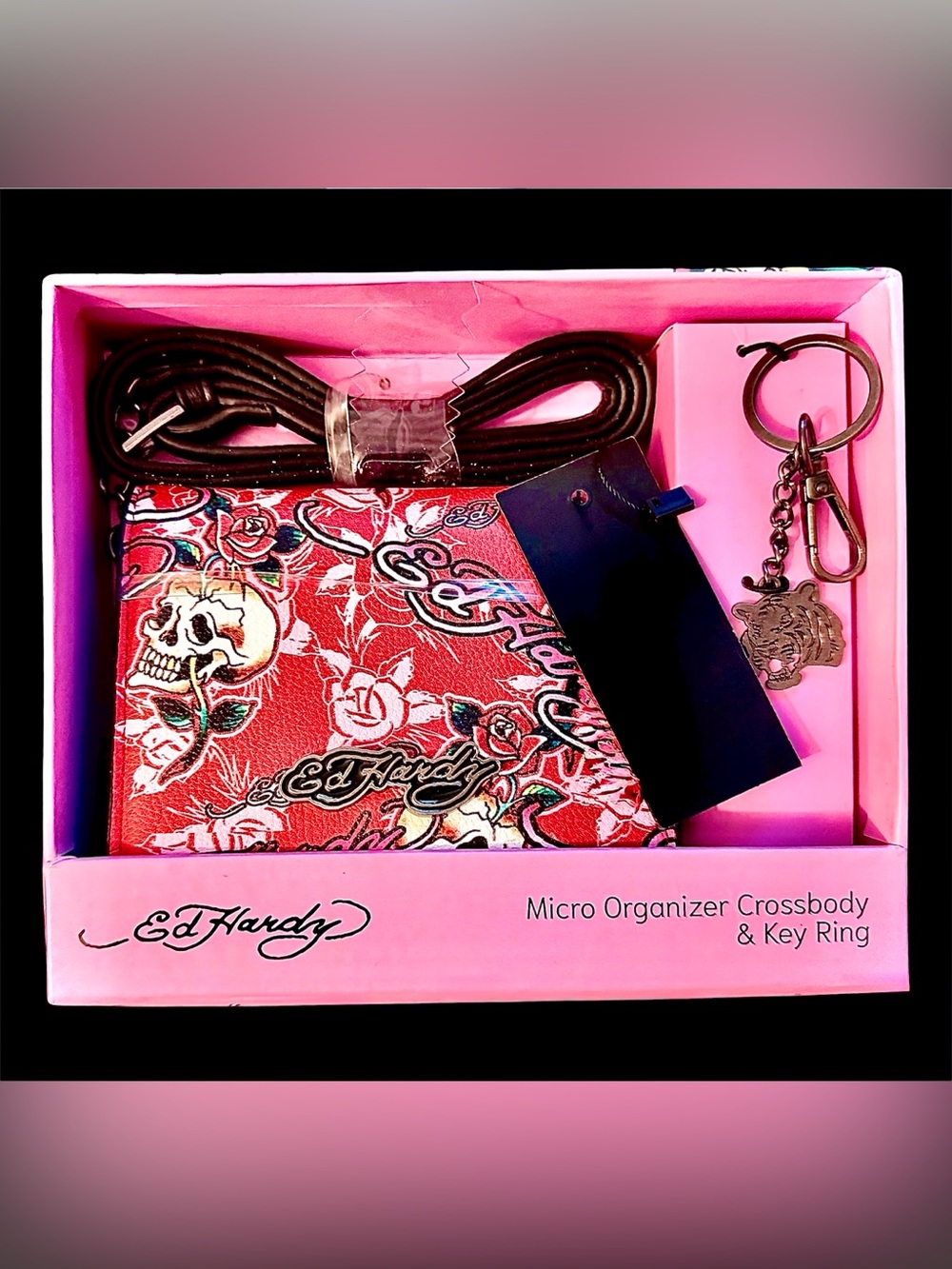 Ed Hardy Pink & Red Rose Skull Crossbody Micro Organizer Crossbody+Key Ring Set